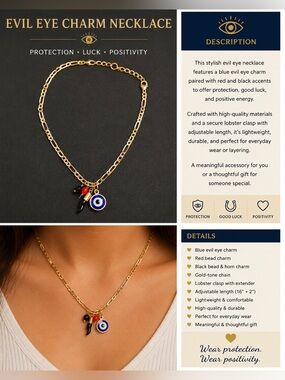 Gold Chain Evil Eye Charm Necklace with Blue, Red & Black Accents